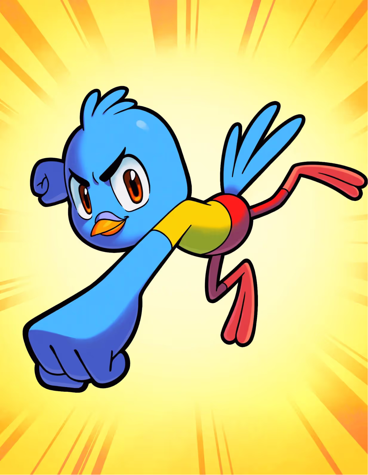 Archie, the blue pigeon hero of Pigeon’s Mission, leaping forward against a burst of yellow